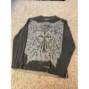 Vintage XG Gray Distressed Thermal Long Sleeve Skull Cross Grunge Size Large